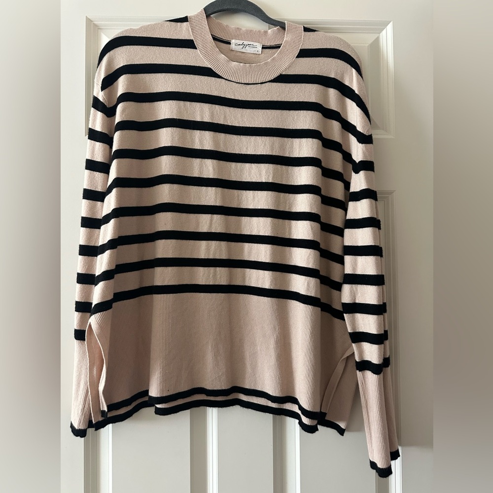 Carly Jean Los Angeles Black and Cream tan Striped Sweater